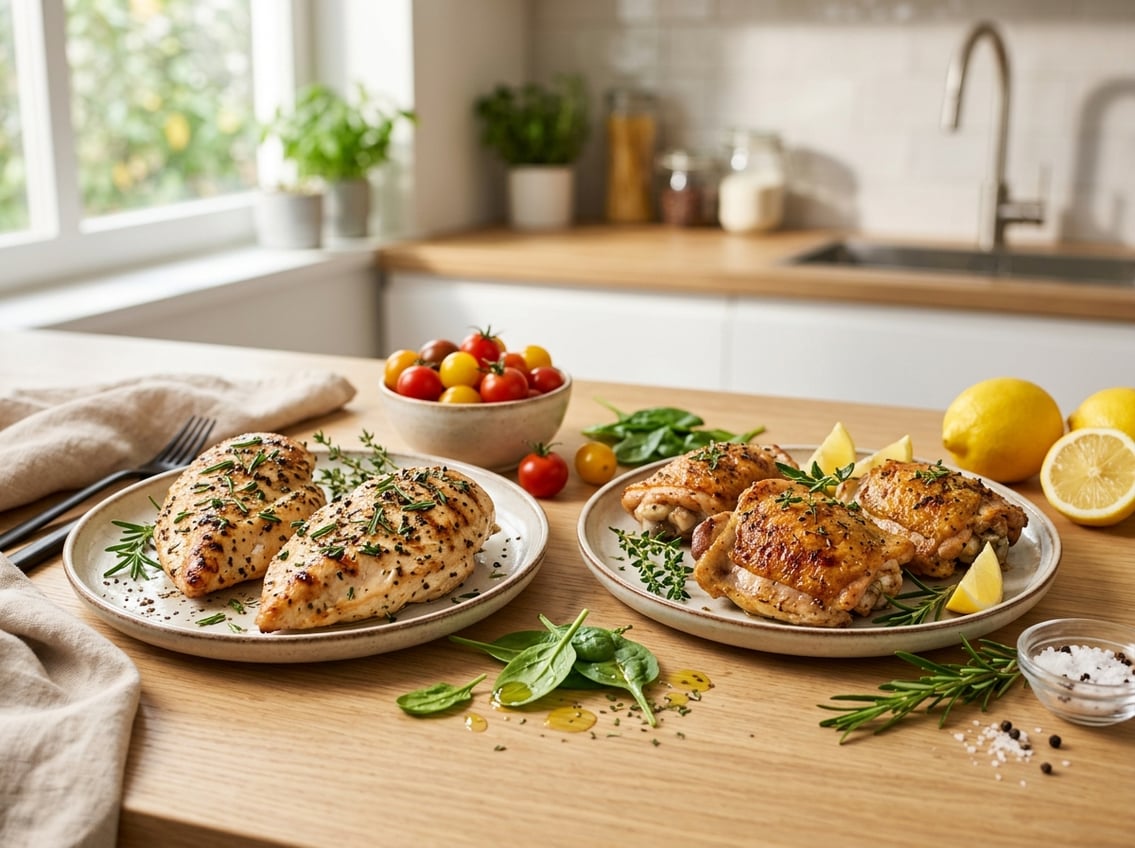 Two plates on a kitchen countertop, one with grilled chicken breasts and the other with roasted chicken thighs, surrounded by fresh vegetables and herbs.