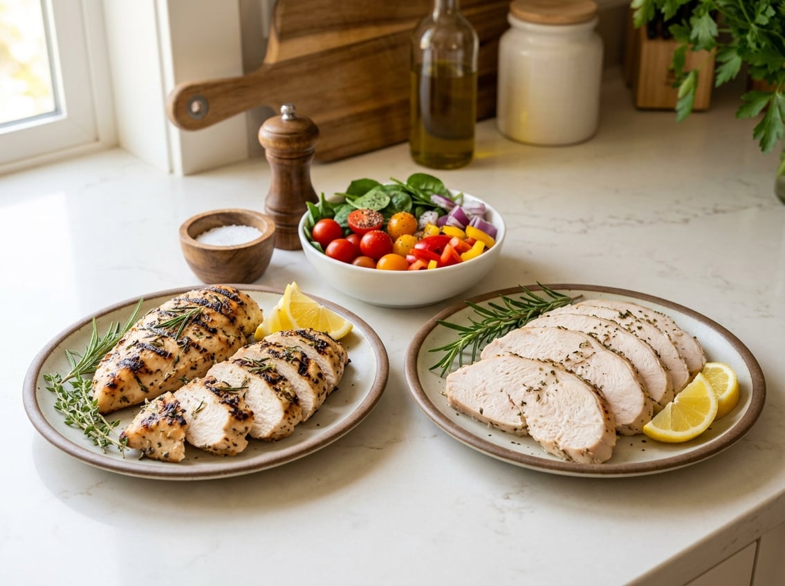 Two plates on a kitchen counter showing cooked chicken breast slices on one and turkey breast slices on the other, surrounded by fresh herbs and vegetables.