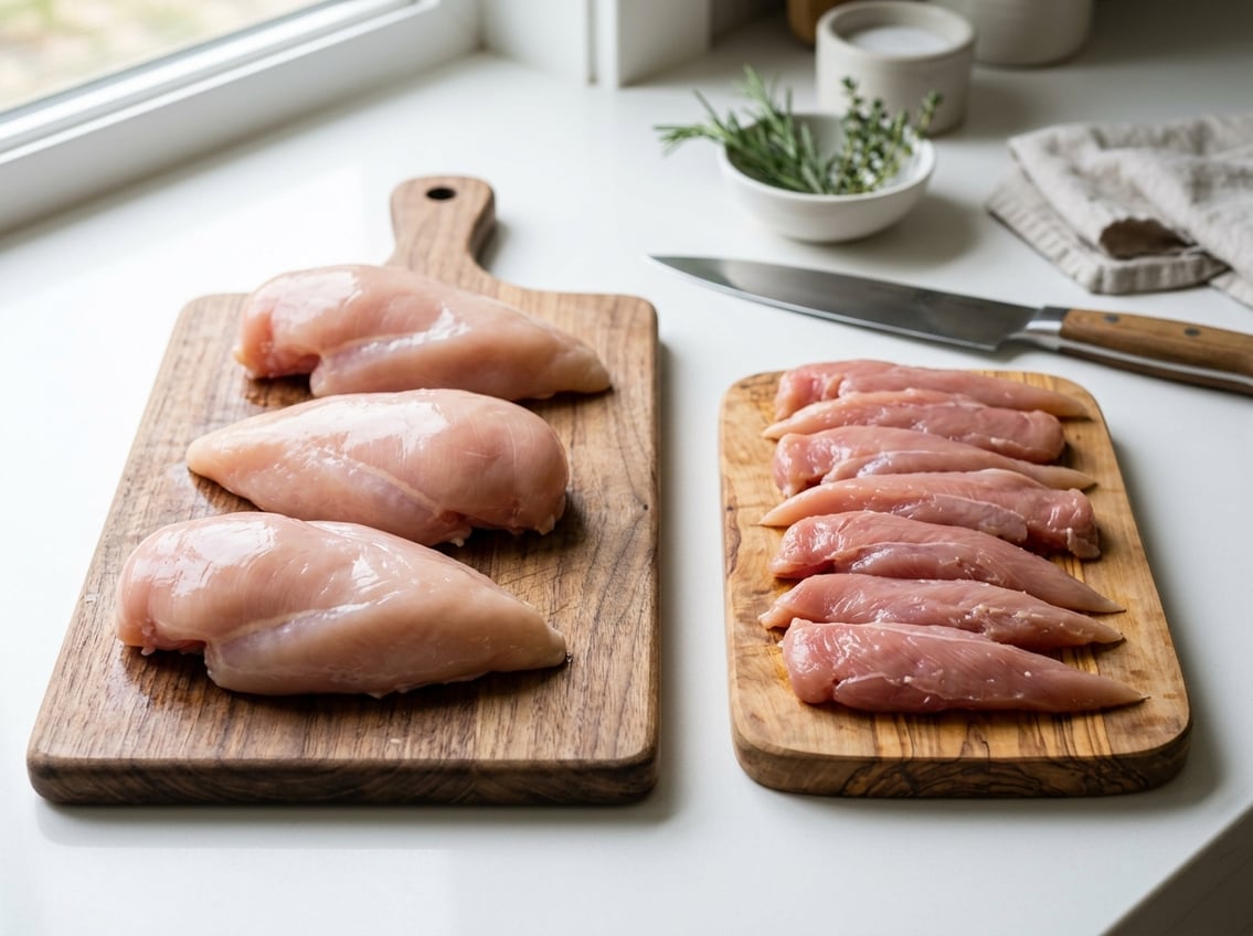 Two wooden cutting boards on a kitchen countertop, one with raw chicken breasts and the other with raw chicken tenderloins.