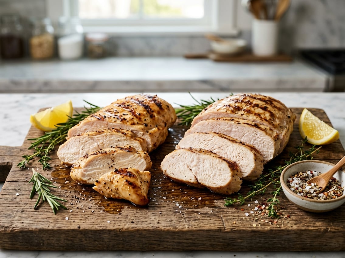 Close-up of cooked chicken breast and turkey breast on a wooden board with herbs and lemon slices.