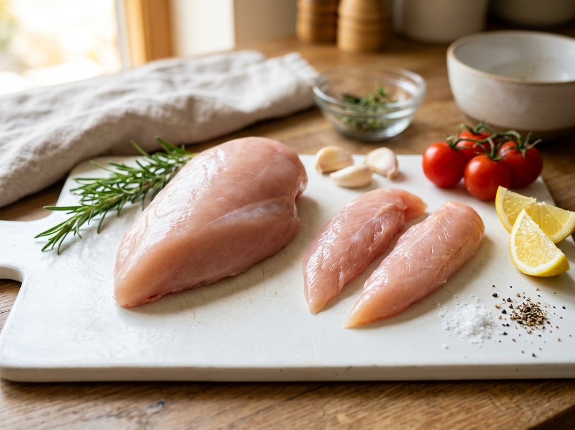 Close-up of raw chicken breast and chicken tenderloin on a white cutting board with fresh herbs and vegetables around them.