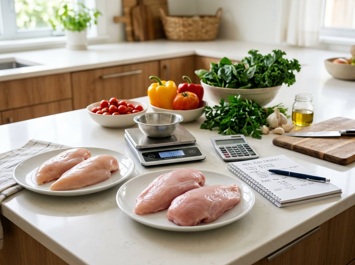 A kitchen countertop with raw chicken breasts and turkey breasts on plates, alongside a calculator, notepad, and fresh vegetables.