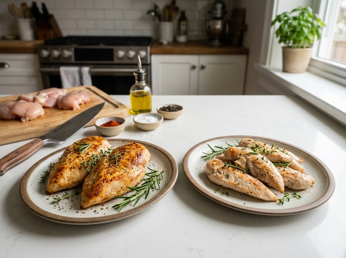 Two plates on a kitchen countertop showing cooked chicken breasts and chicken tenderloins with fresh herbs and cooking utensils nearby.