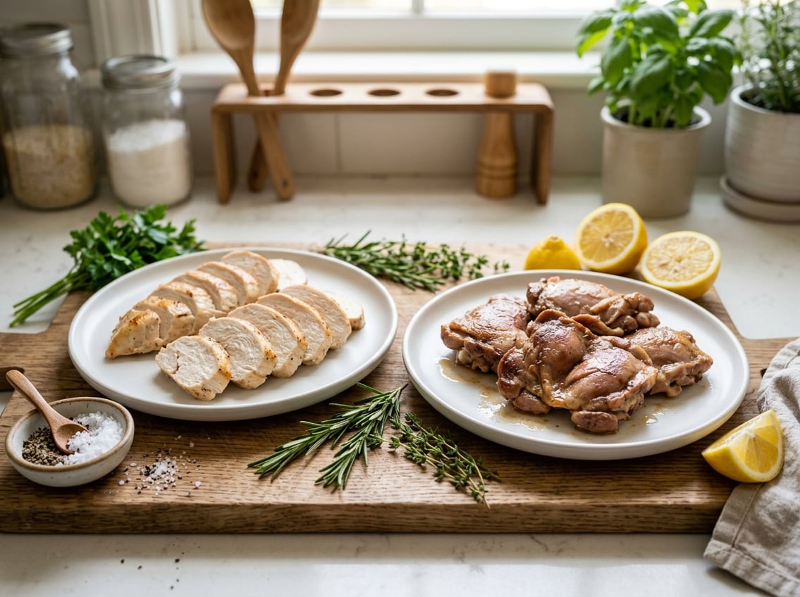 Two plates on a kitchen counter, one with sliced chicken breast and the other with cooked chicken thighs, surrounded by fresh herbs and lemon slices.