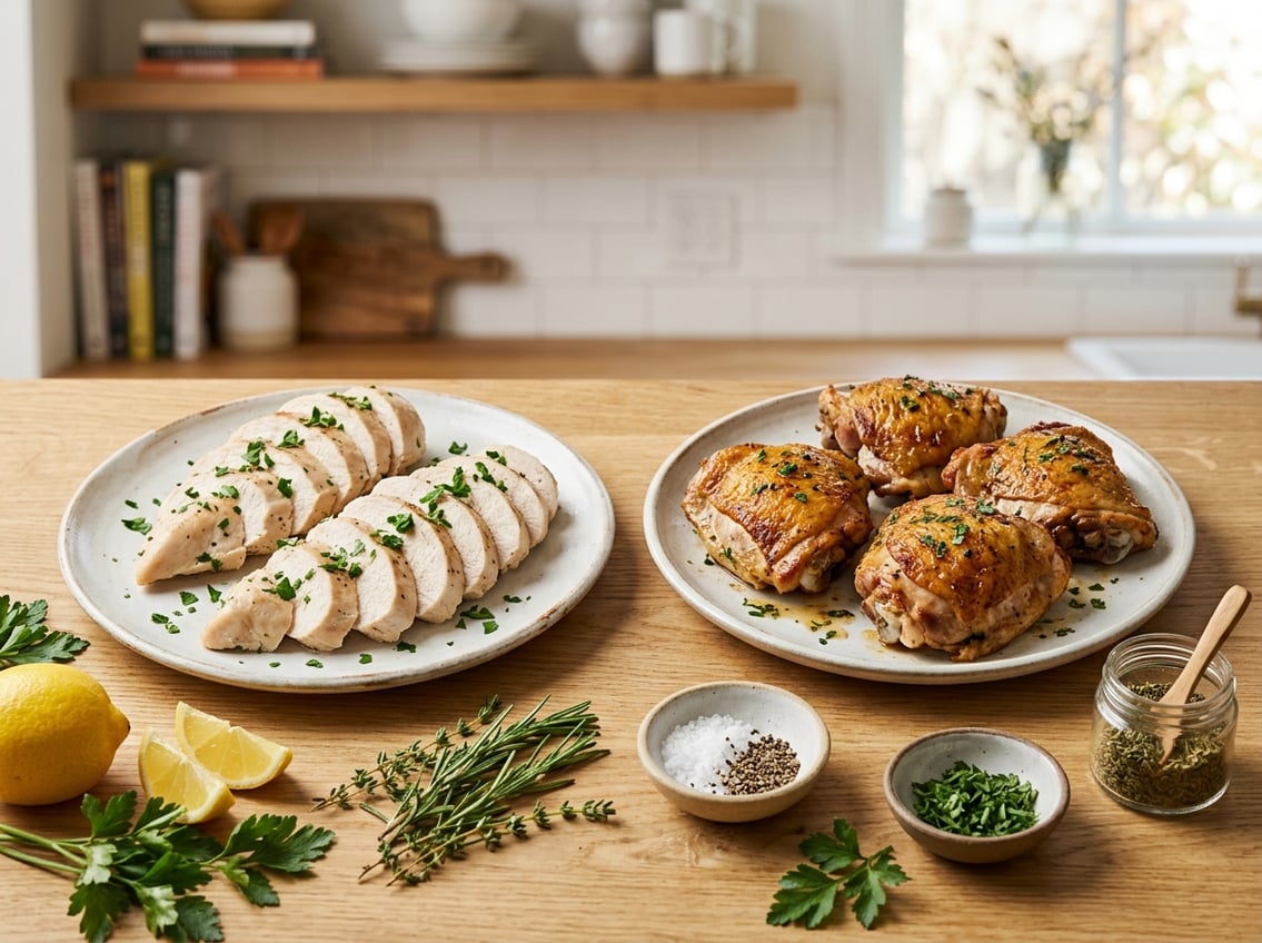 Two plates on a kitchen counter, one with cooked chicken breast slices and the other with cooked chicken thighs, surrounded by fresh herbs and lemon wedges.