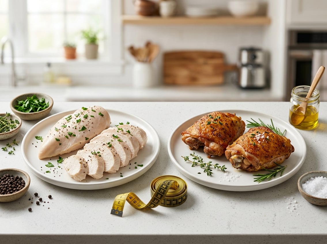 Two plates on a kitchen countertop, one with cooked chicken breasts and the other with cooked chicken thighs, surrounded by herbs and spices.