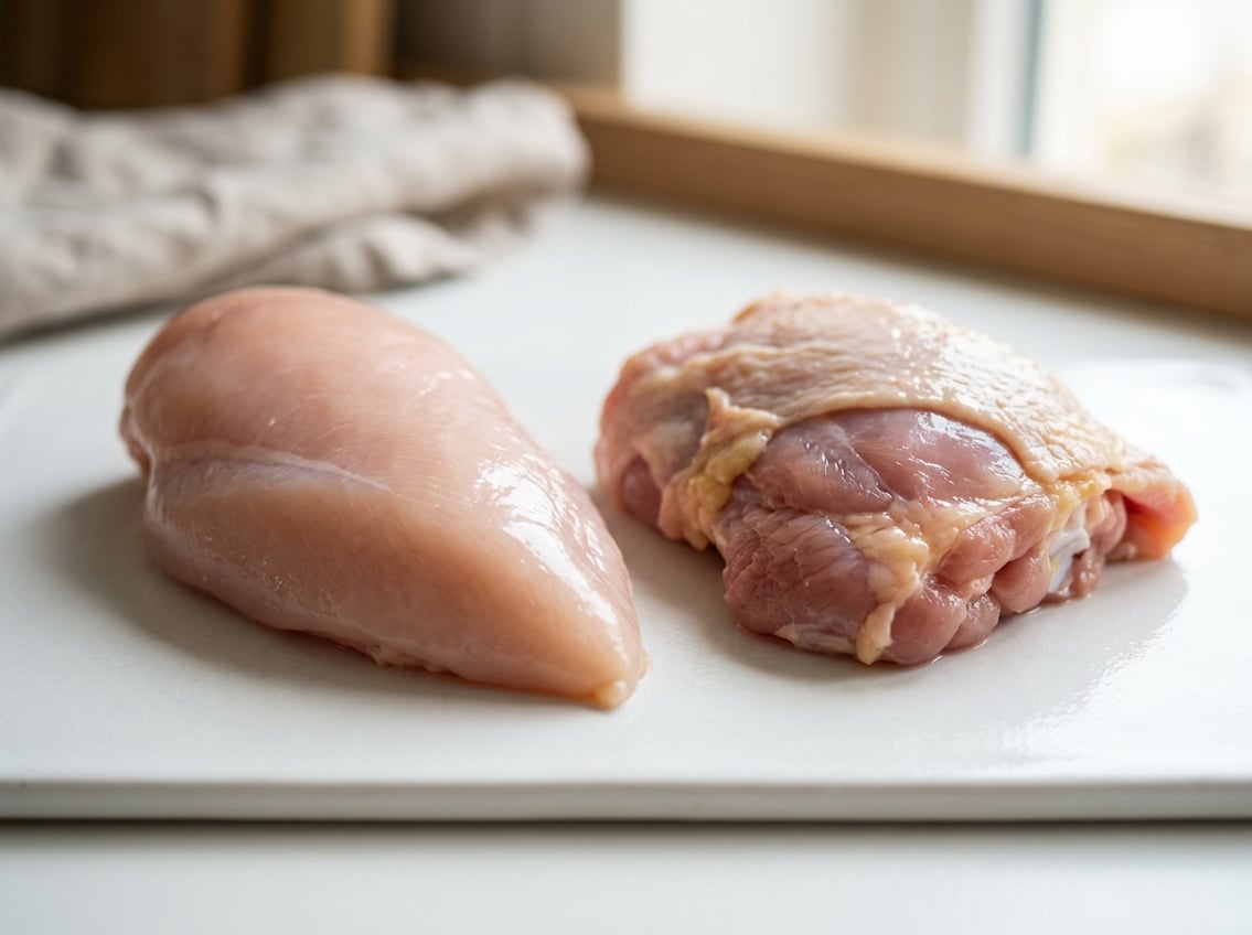 Close-up of a raw chicken breast and a raw chicken thigh placed side by side on a white surface.