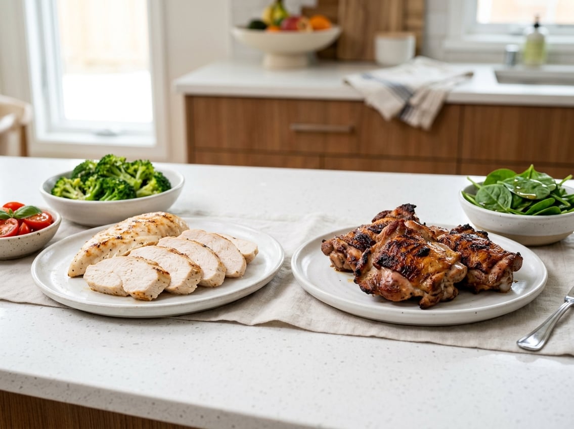 Two plates with grilled chicken breast and chicken thigh on a kitchen countertop, surrounded by fresh vegetables.
