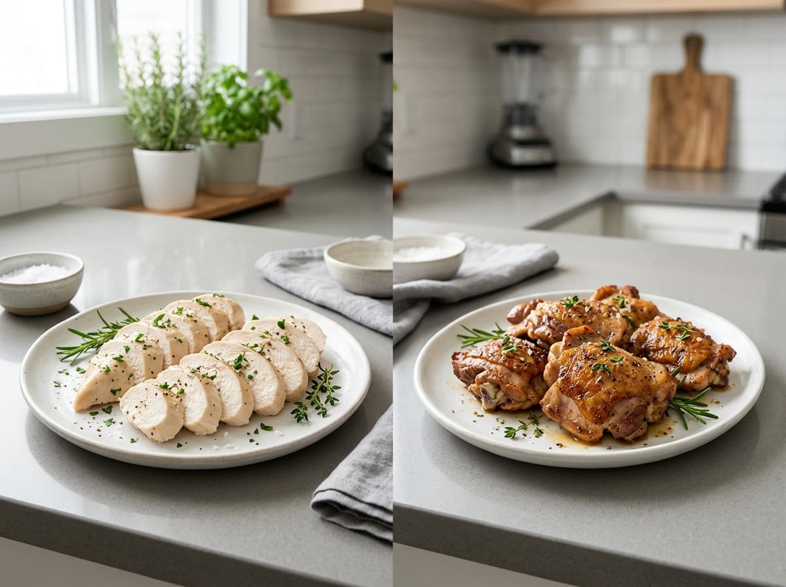 Two plates on a kitchen countertop, one with cooked chicken breast pieces and the other with cooked chicken thigh pieces, surrounded by fresh herbs.