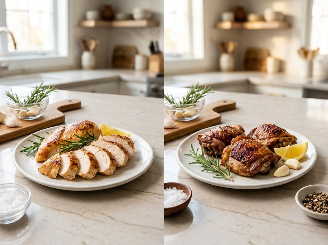 Two plates on a kitchen counter, one with cooked chicken breasts and one with cooked chicken thighs, surrounded by fresh herbs and lemon wedges.