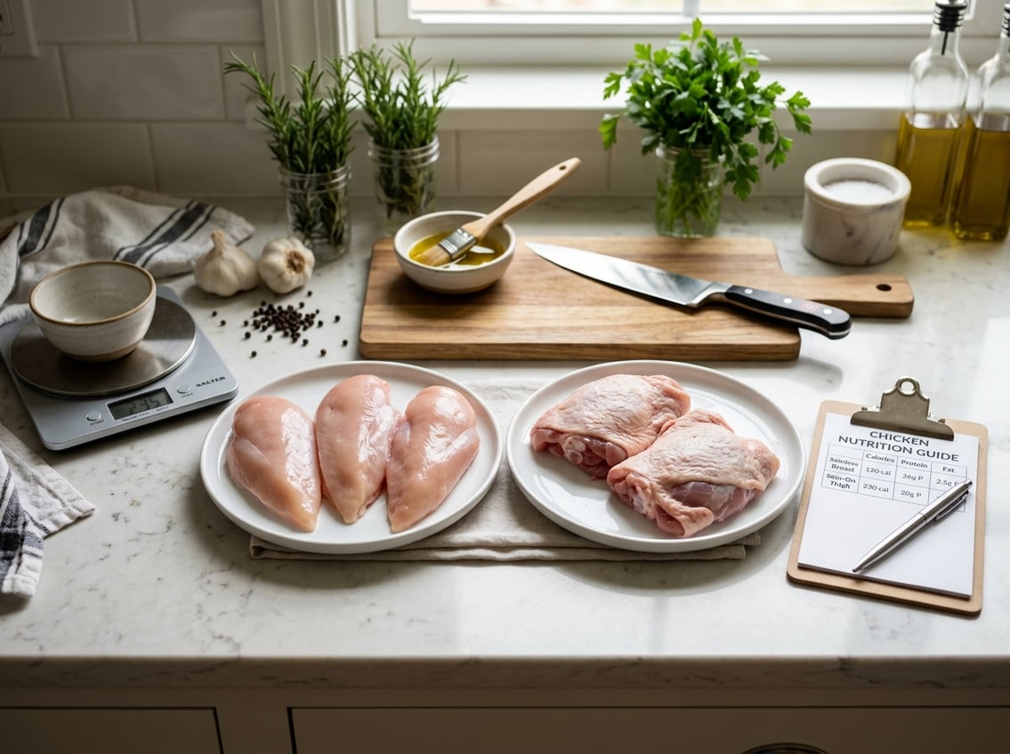 Raw chicken breast and chicken thigh pieces on white plates with kitchen tools and herbs on a countertop.
