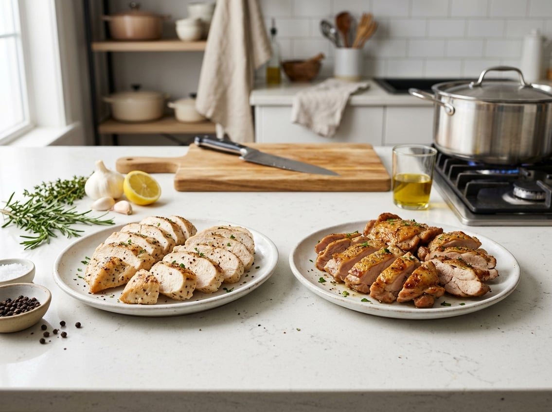 Two plates on a kitchen counter with cooked chicken breast on one and cooked chicken thigh on the other, surrounded by fresh herbs and cooking ingredients.