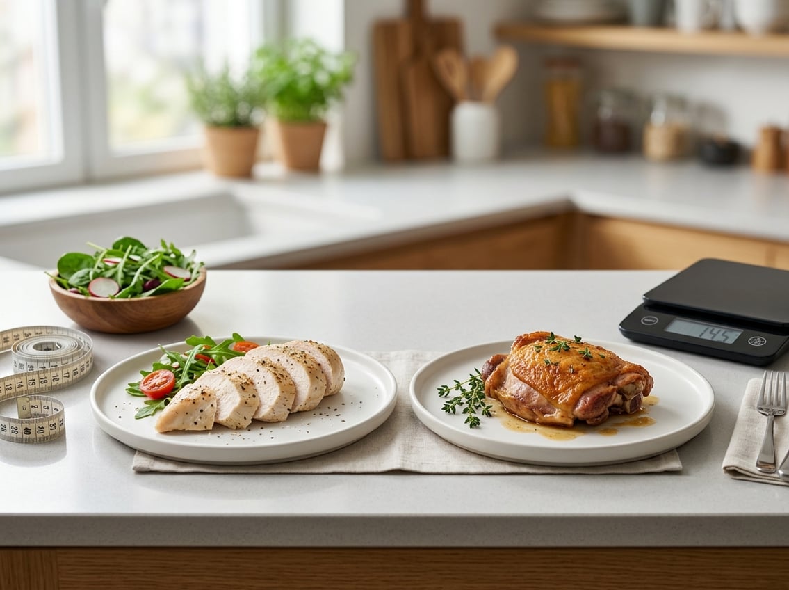 Two plates on a kitchen countertop showing a cooked chicken breast on one and a cooked chicken thigh on the other, with nutrition-related items nearby.