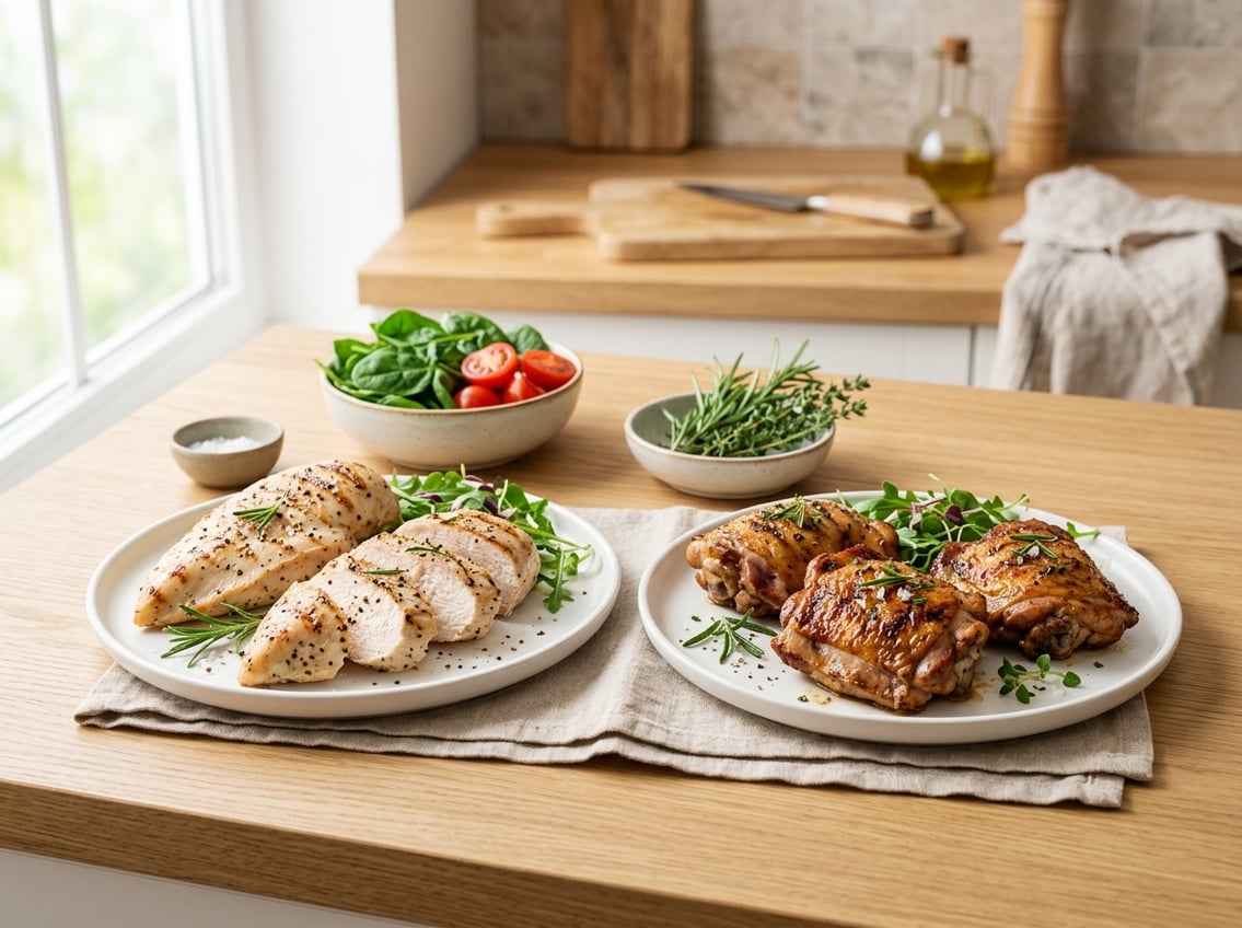 Two plates on a kitchen counter showing grilled chicken breasts on one and grilled chicken thighs on the other, surrounded by fresh vegetables and herbs.