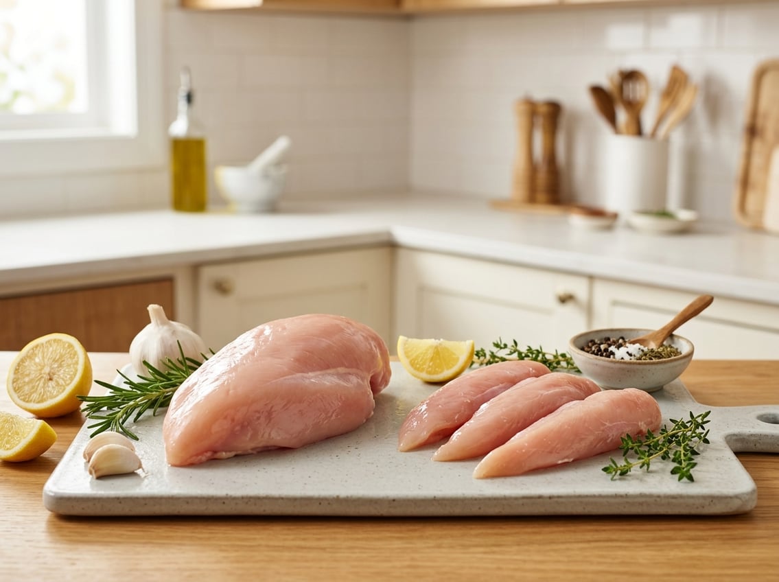 Two different raw chicken cuts, breast and tenderloin, displayed on a kitchen countertop with fresh herbs and spices around them.