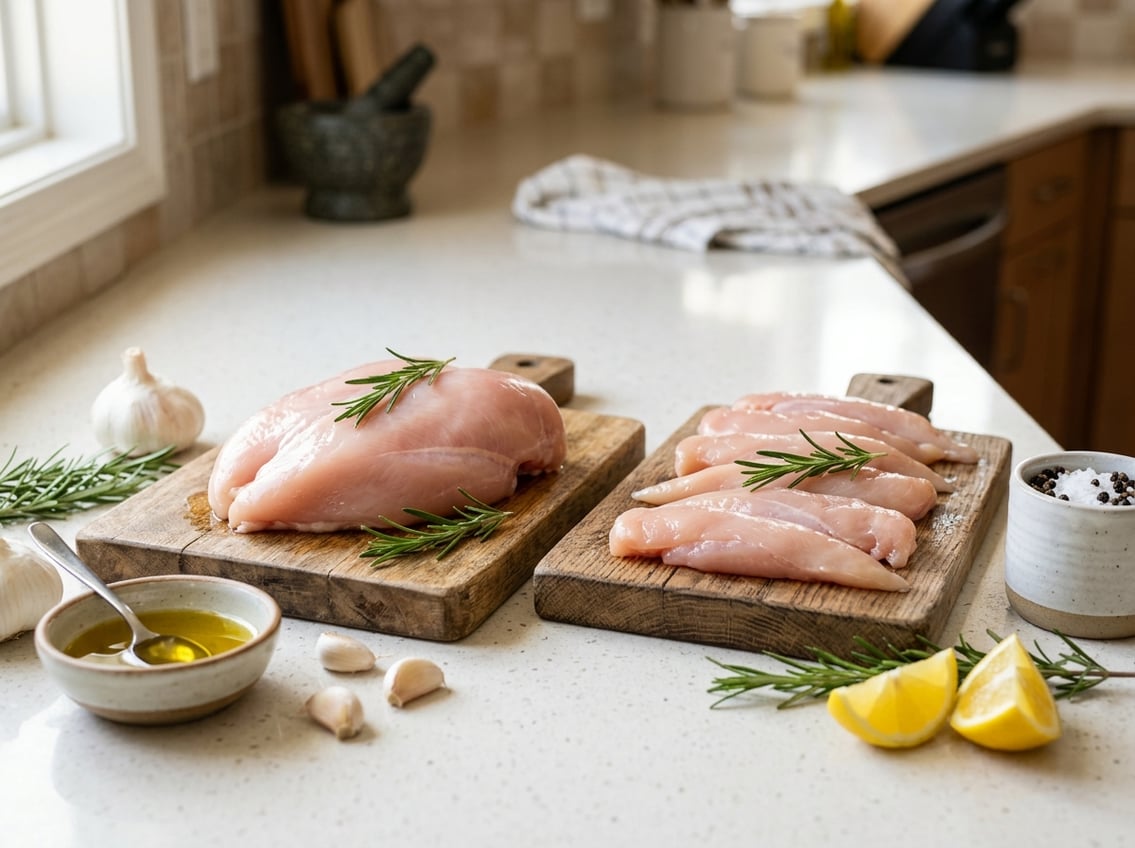 Two raw chicken cuts, breast and tenderloins, displayed on wooden boards with fresh herbs and lemon on a kitchen countertop.