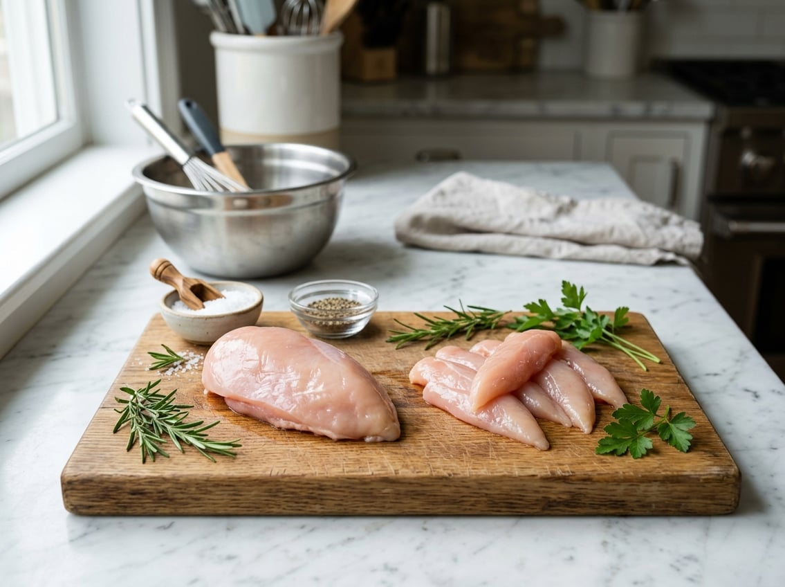 Raw chicken breast and tenderloin pieces arranged on a cutting board in a kitchen with herbs and seasoning nearby.