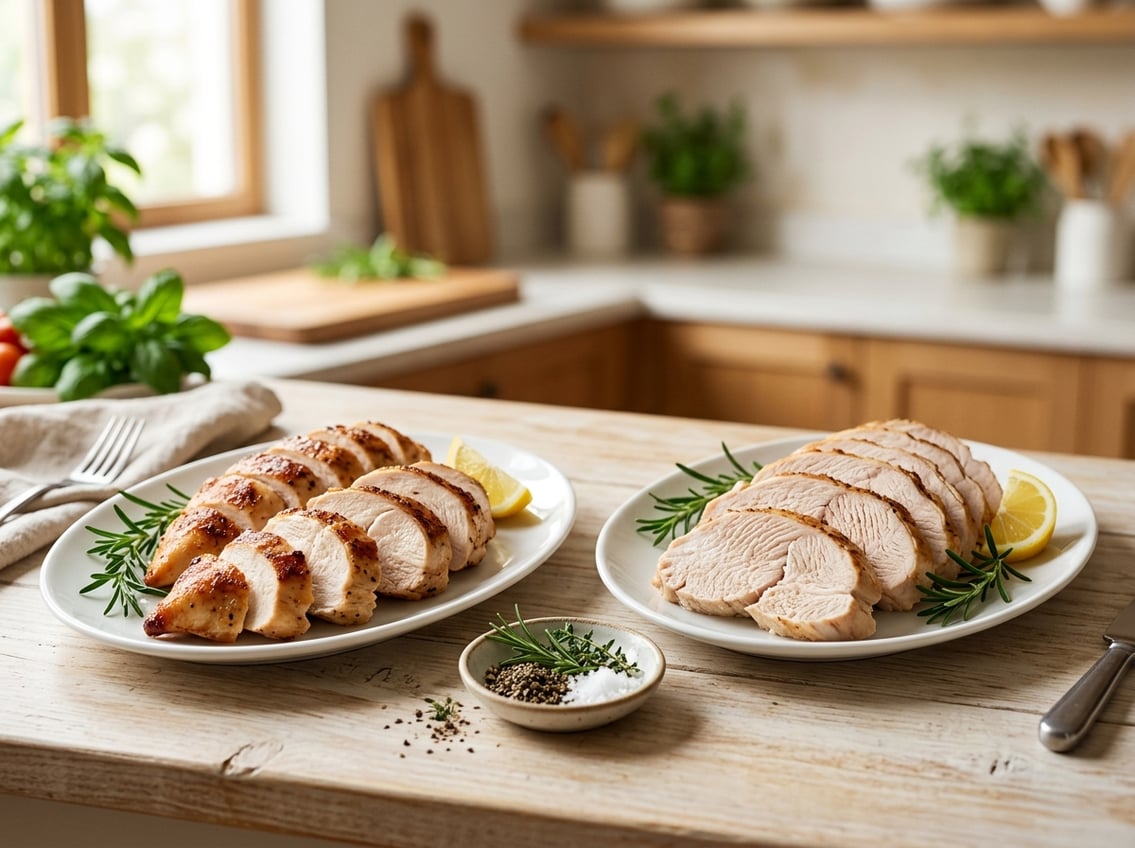 Two plates on a kitchen counter, one with sliced cooked chicken breast and the other with sliced cooked turkey breast, surrounded by fresh herbs and lemon wedges.