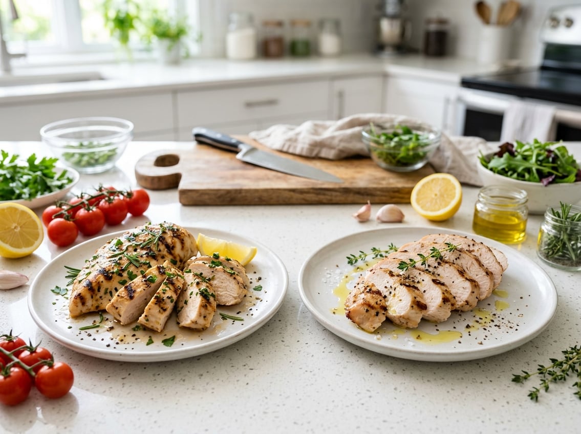 Two plates on a kitchen counter, one with grilled chicken breast slices and the other with turkey breast slices, surrounded by fresh herbs and vegetables.