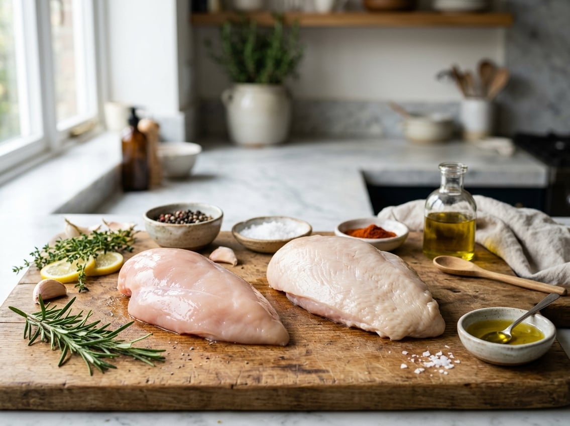 Close-up of raw chicken breast and turkey breast side by side on a cutting board with herbs and spices nearby.