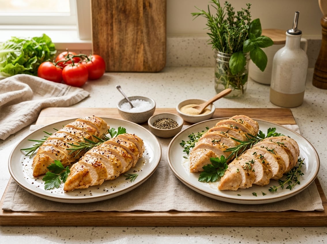 Two plates on a kitchen countertop, one with cooked chicken breasts and the other with cooked turkey breasts, both garnished with fresh herbs and surrounded by small bowls of seasonings.