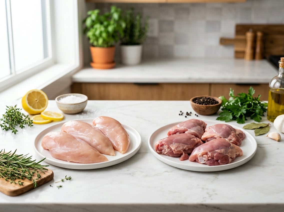 Two plates on a kitchen countertop, one with raw chicken breasts and the other with raw chicken thighs, surrounded by fresh herbs and lemon slices.
