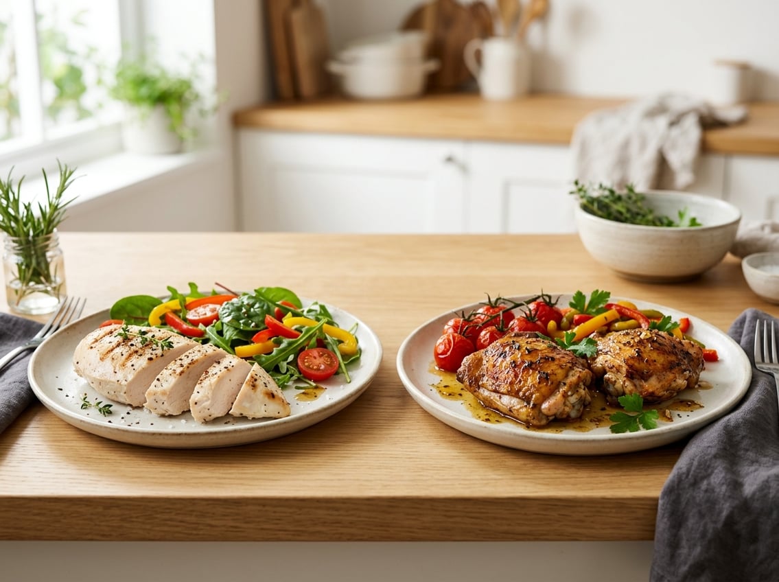Two plates on a kitchen countertop, one with cooked chicken breasts and the other with cooked chicken thighs, surrounded by fresh vegetables.