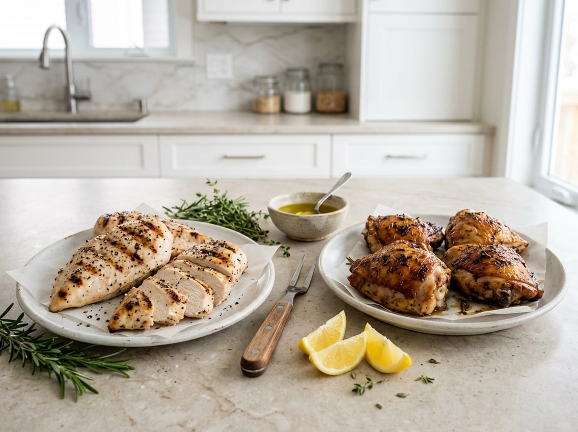 Two plates on a kitchen countertop, one with grilled chicken breasts and the other with roasted chicken thighs, surrounded by fresh herbs and lemon wedges.