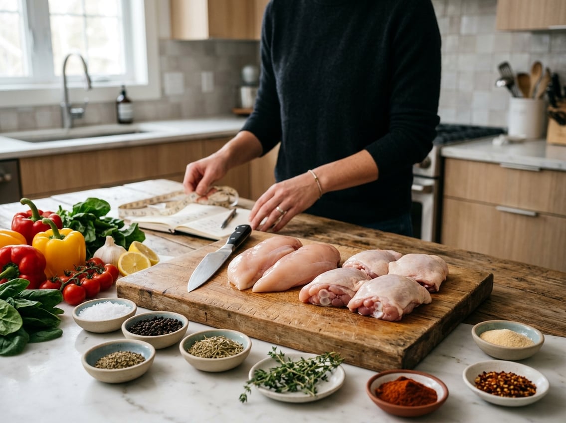 A kitchen scene with raw chicken breasts and thighs on a cutting board, surrounded by spices and fresh vegetables, with hands holding a measuring tape over a meal plan.