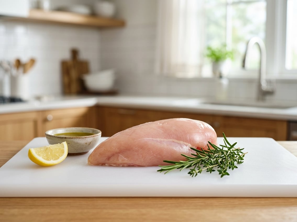 A raw chicken breast on a white cutting board with fresh herbs, olive oil, and a lemon wedge in a bright kitchen.