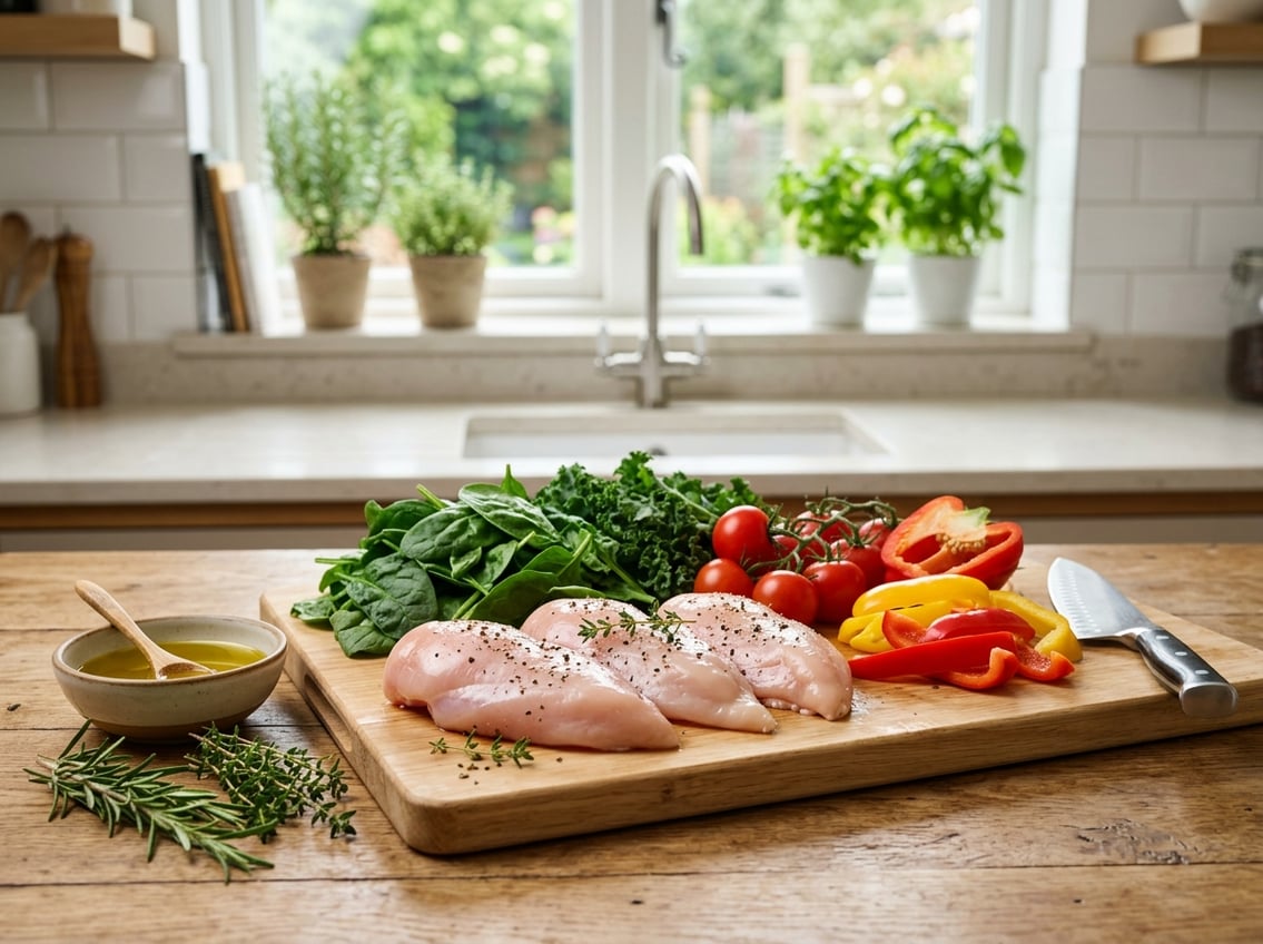 Raw chicken breasts on a cutting board surrounded by fresh vegetables and herbs in a bright kitchen.