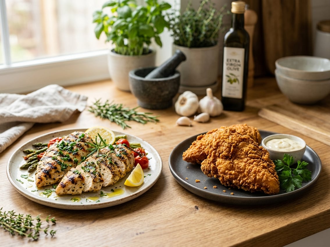 Two plates on a kitchen countertop showing grilled chicken breasts with herbs and lemon, and fried chicken breasts with a crispy coating, surrounded by fresh ingredients.