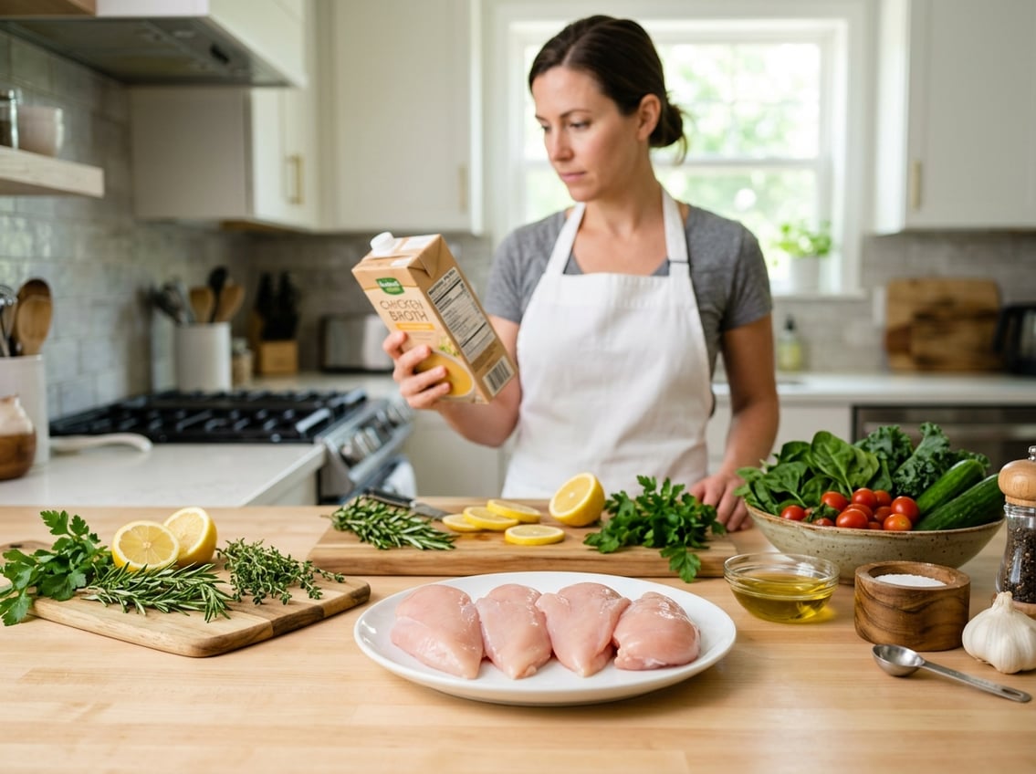 A person in a kitchen examining a nutrition label near a plate of raw chicken breasts and fresh vegetables on a countertop.