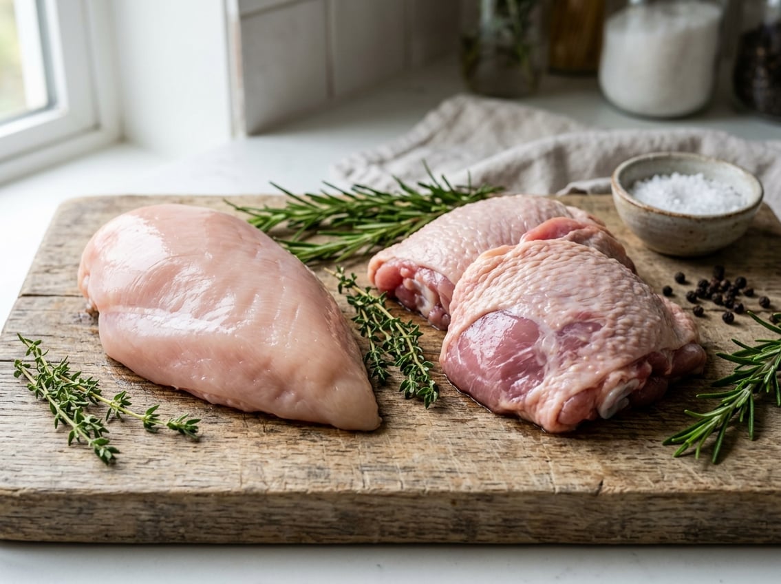 Close-up of raw chicken breast and chicken thighs side by side on a wooden cutting board with herbs and seasonings around them.