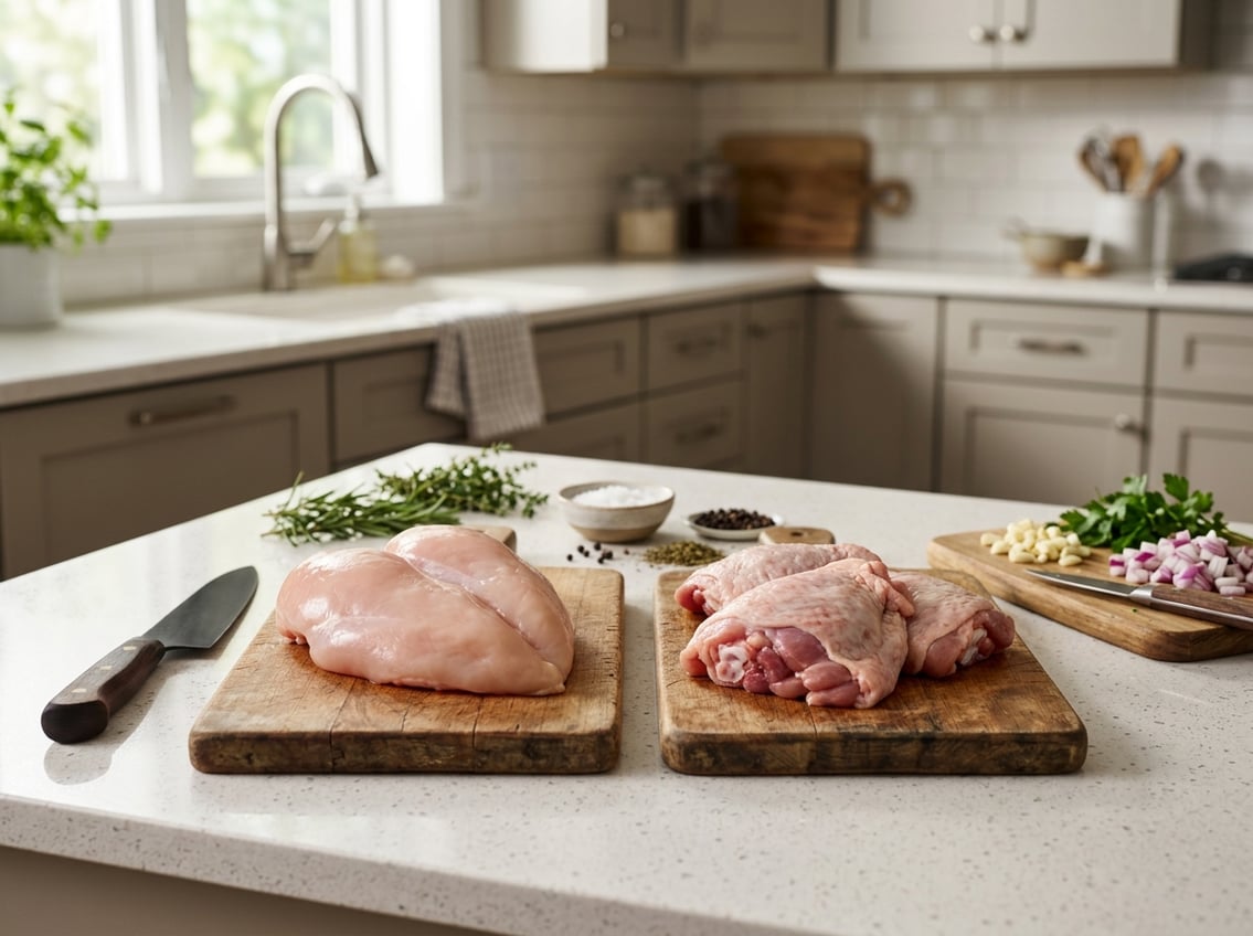 A kitchen countertop with raw chicken breast and chicken thighs on separate cutting boards surrounded by herbs, spices, and a chef's knife.