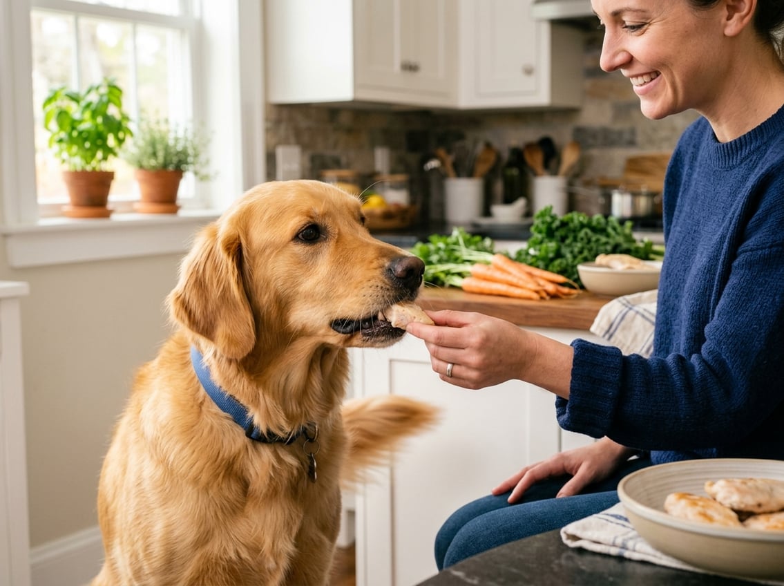 A happy dog eating a piece of cooked chicken breast from a person's hand in a kitchen.