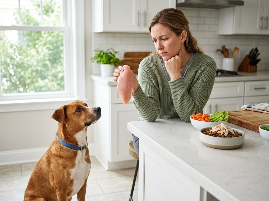 A person holding a raw chicken breast in a kitchen while their dog sits nearby watching attentively.