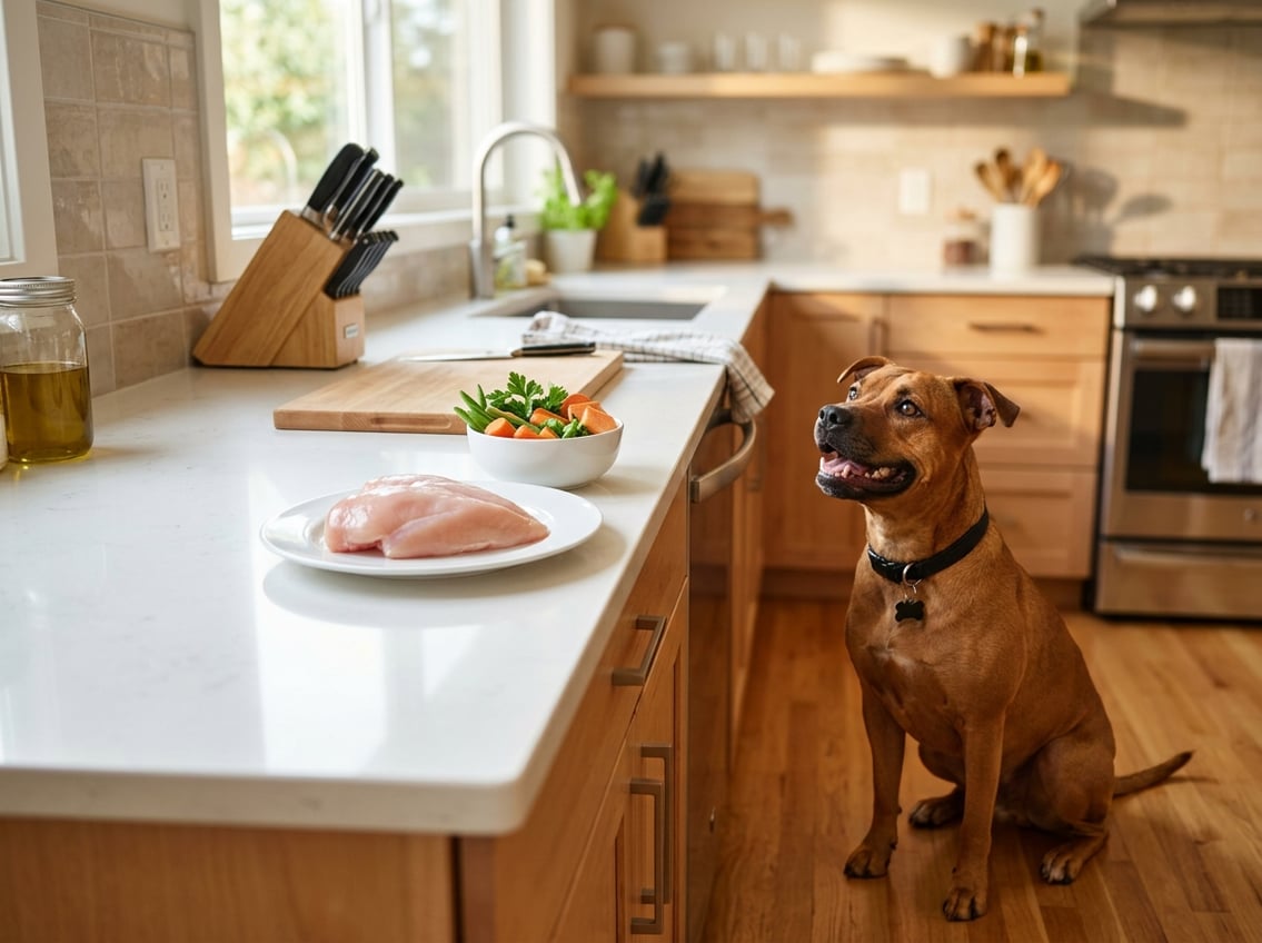 A dog sitting attentively near a plate with a raw chicken breast on a kitchen countertop.