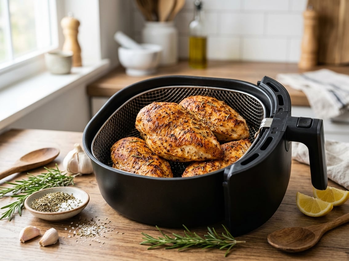 Close-up of cooked chicken breasts in an air fryer basket with fresh herbs and lemon on a kitchen countertop.