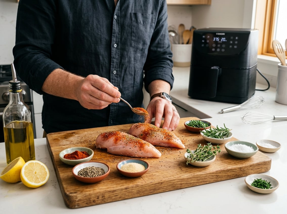 Fresh chicken breasts being seasoned with spices on a wooden cutting board in a kitchen with an air fryer in the background.