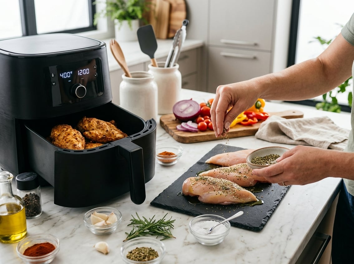 Hands seasoning raw chicken breasts next to an air fryer with partially cooked chicken on a kitchen countertop surrounded by cooking ingredients.