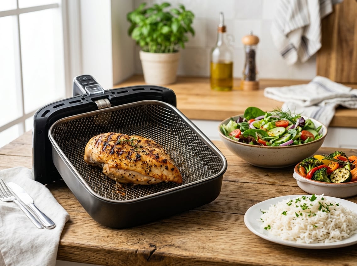 Cooked chicken breast in an air fryer basket with side dishes on a kitchen counter.