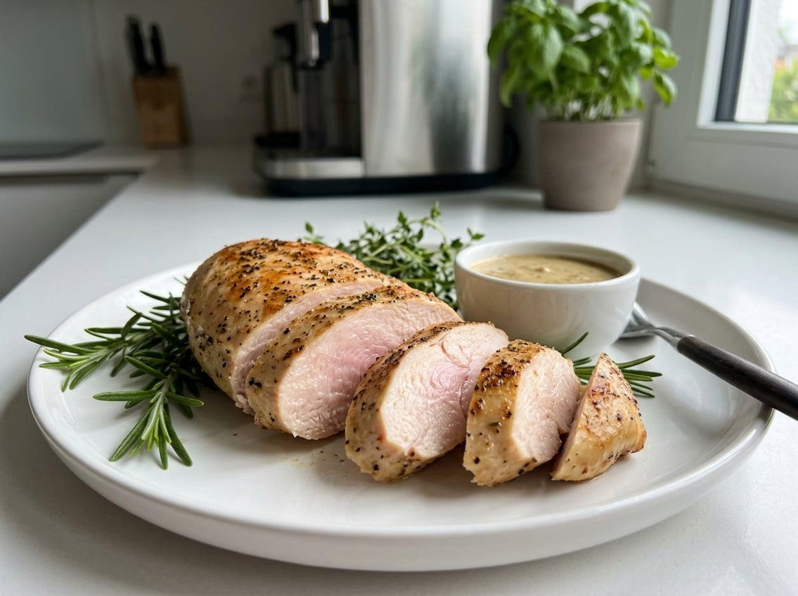 Close-up of a sliced cooked chicken breast on a white plate with fresh herbs and dipping sauce on a kitchen counter.