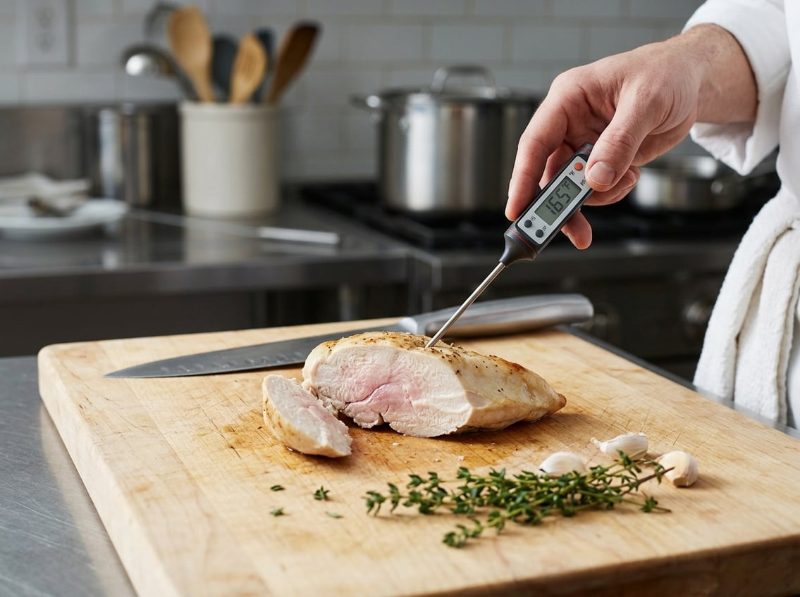 Close-up of a sliced chicken breast with a meat thermometer inserted, on a cutting board in a kitchen setting.