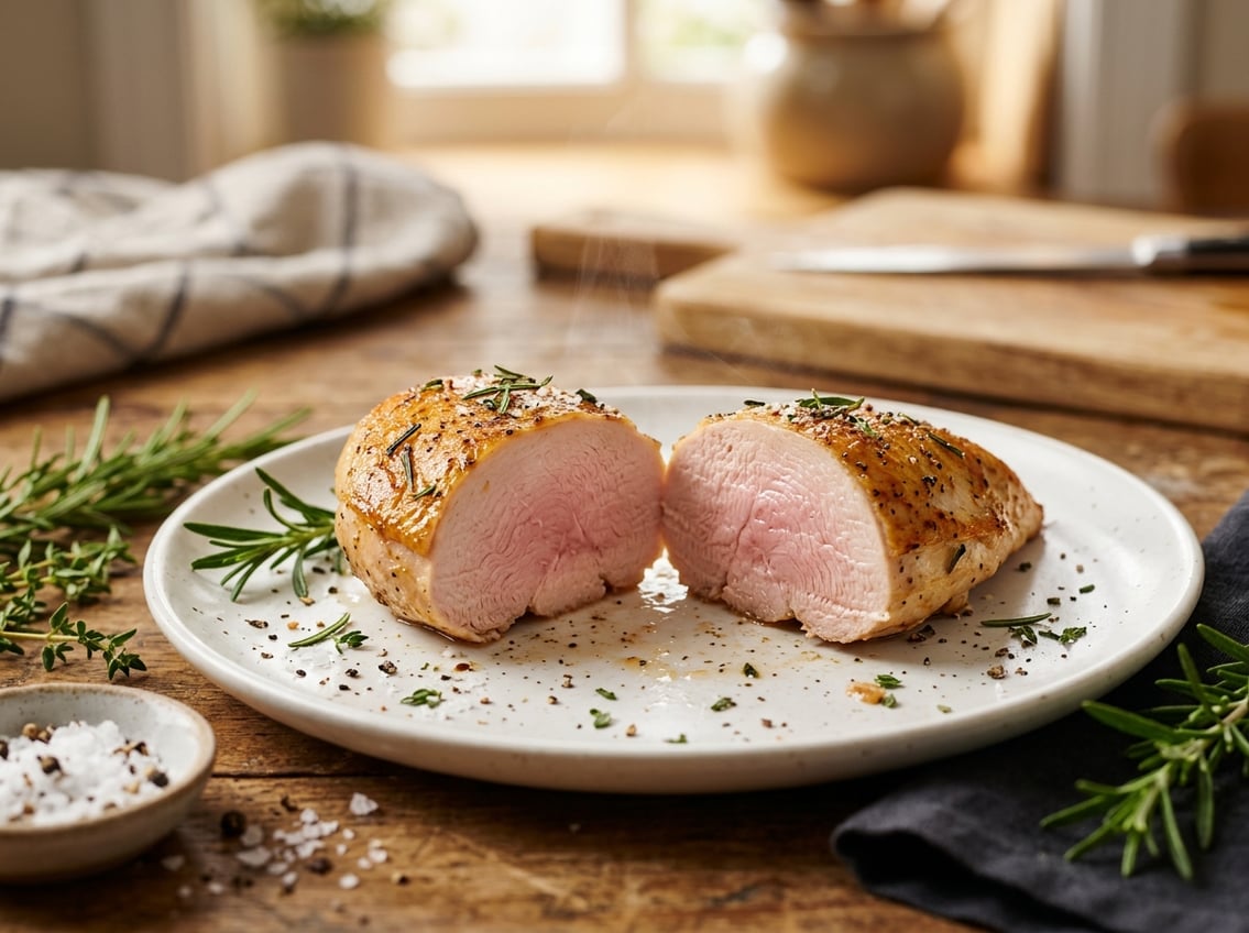 A sliced cooked chicken breast on a white plate showing a slightly pink interior, garnished with fresh herbs.