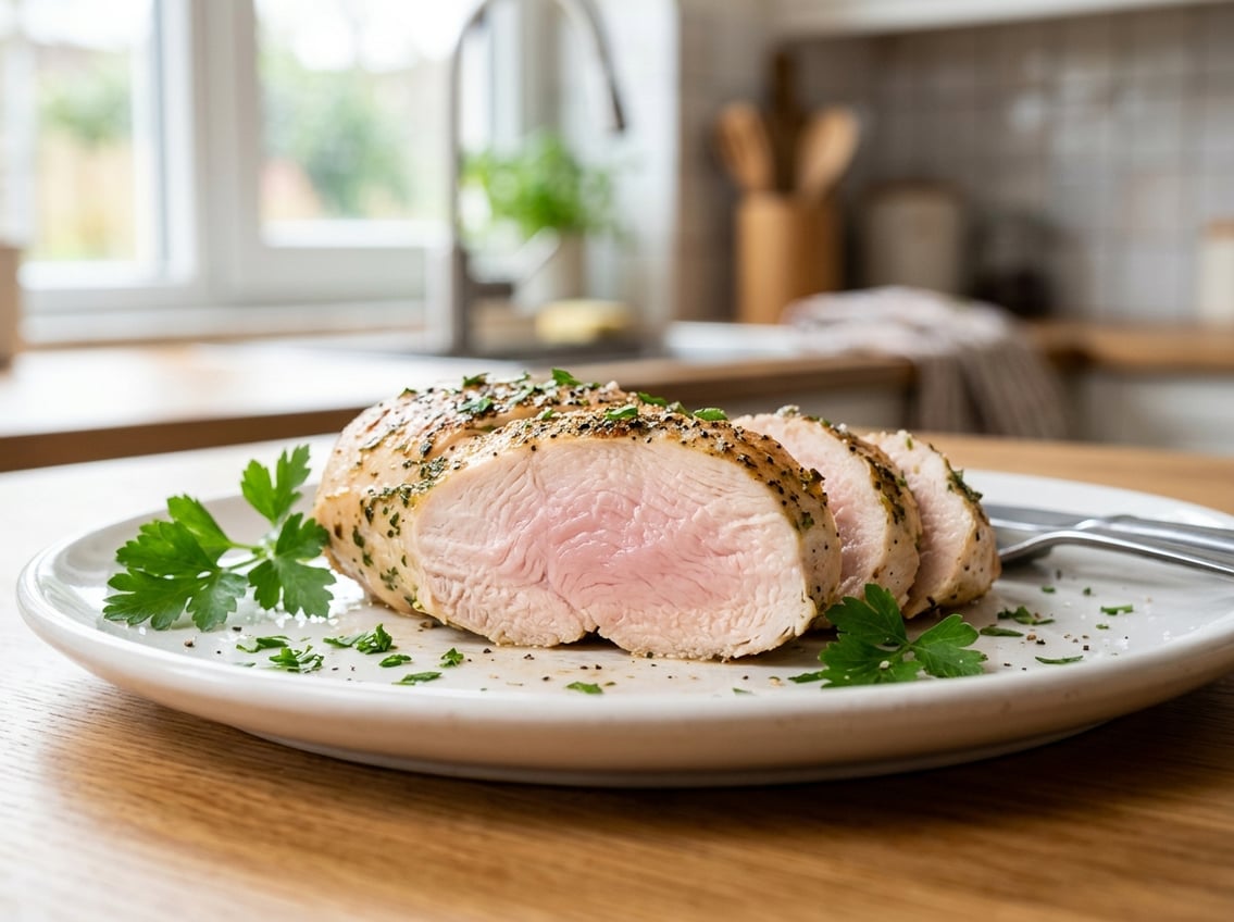 Close-up of a sliced cooked chicken breast with a slightly pink interior on a white plate garnished with green herbs in a kitchen setting.