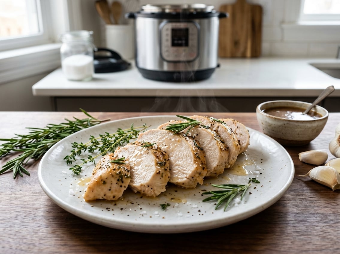 Sliced cooked chicken breast on a plate with herbs and an Instant Pot in the background on a kitchen countertop.