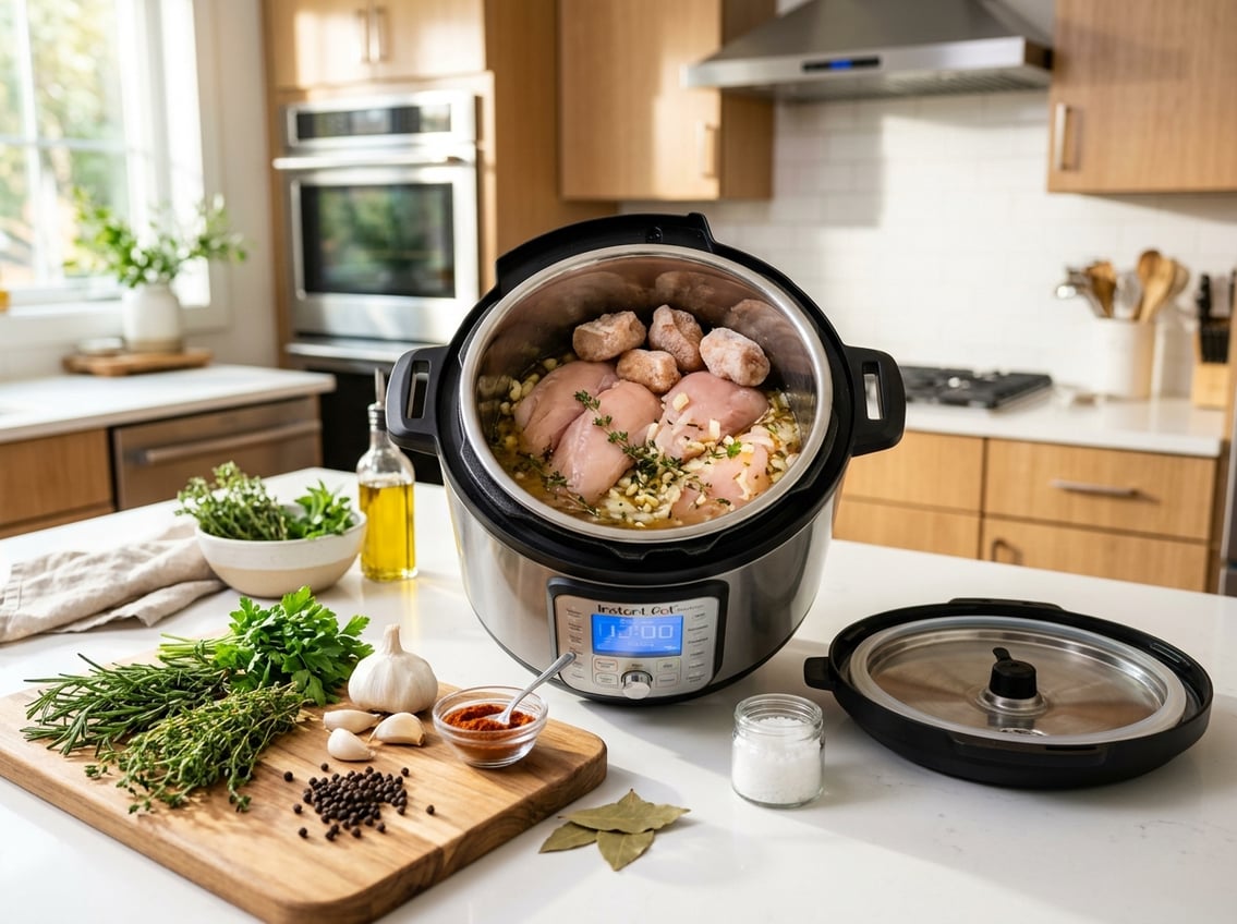 An open Instant Pot with fresh and frozen chicken breasts inside on a kitchen countertop surrounded by herbs and spices.