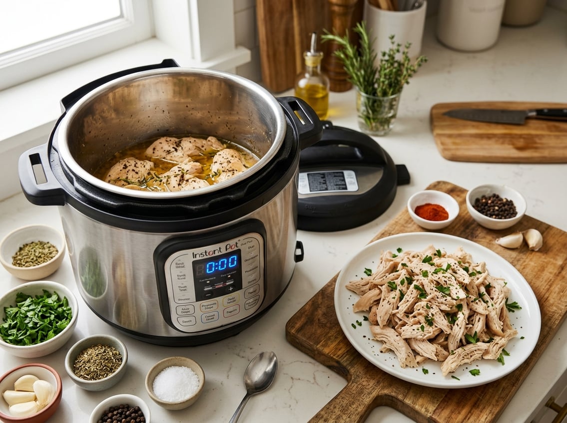 Close-up of cooked chicken breast in an open Instant Pot with seasonings and shredded chicken on a kitchen countertop.