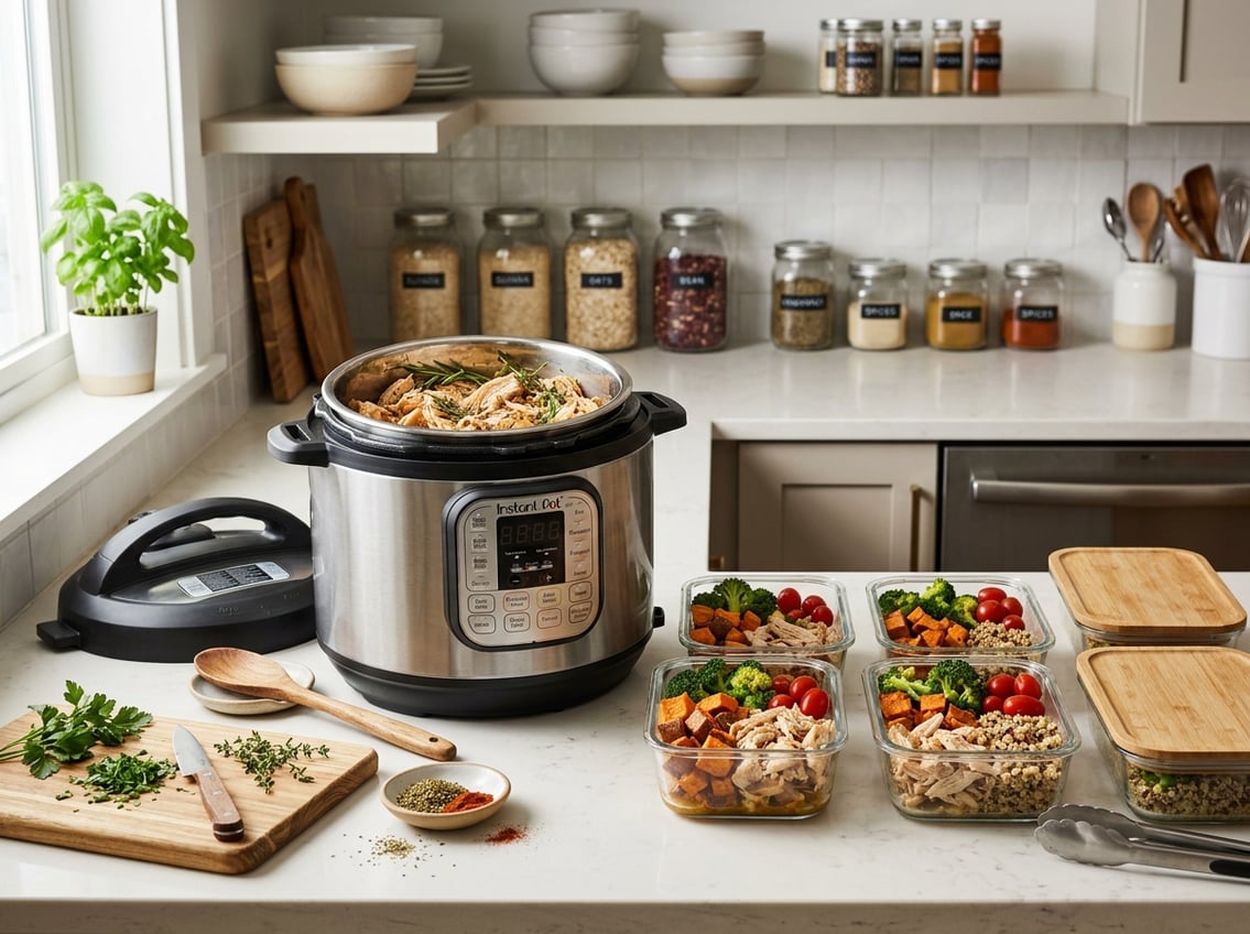 Instant Pot cooking chicken breast on a kitchen countertop with meal prep containers and storage jars nearby.